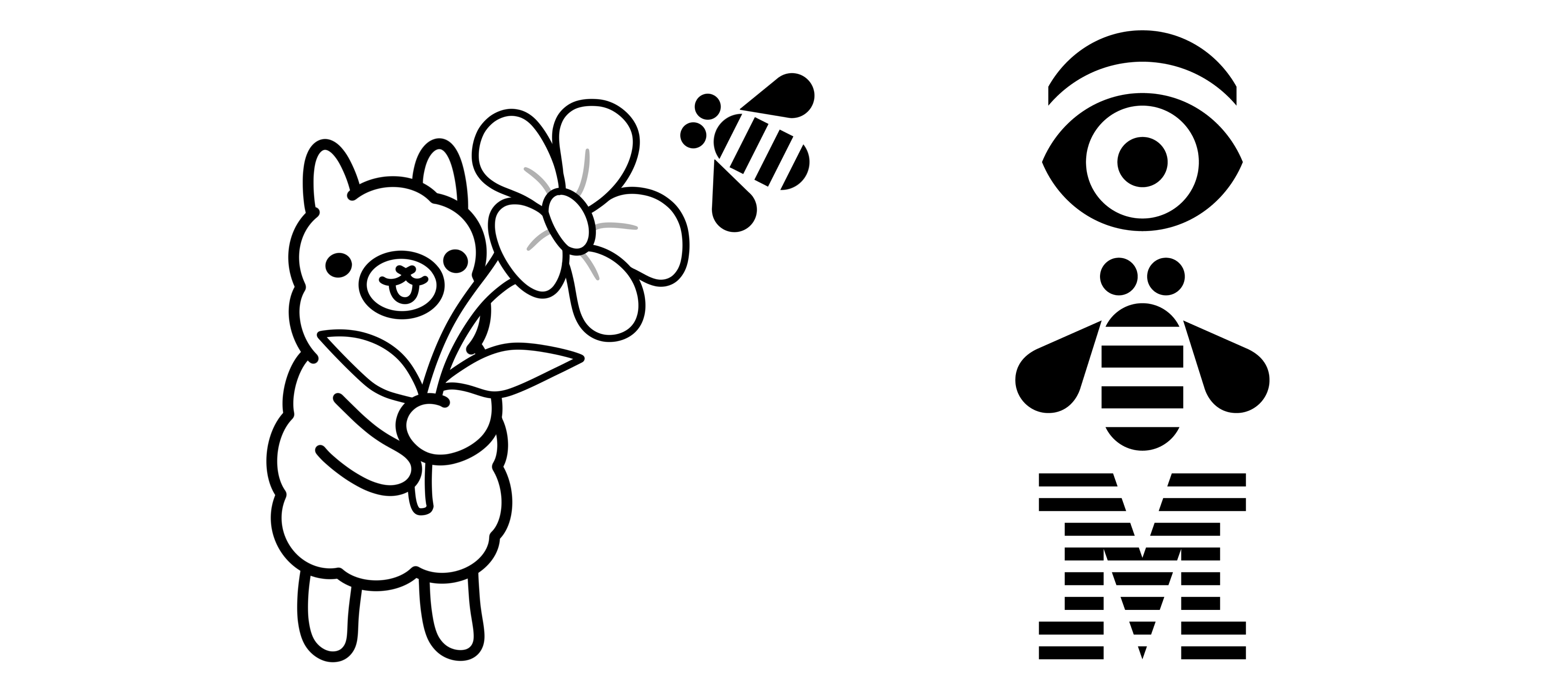 An illustration of Ollama holding a beautiful flower with the IBM Rebus logo of the Eye, Bee and M, made by Paul Rand.