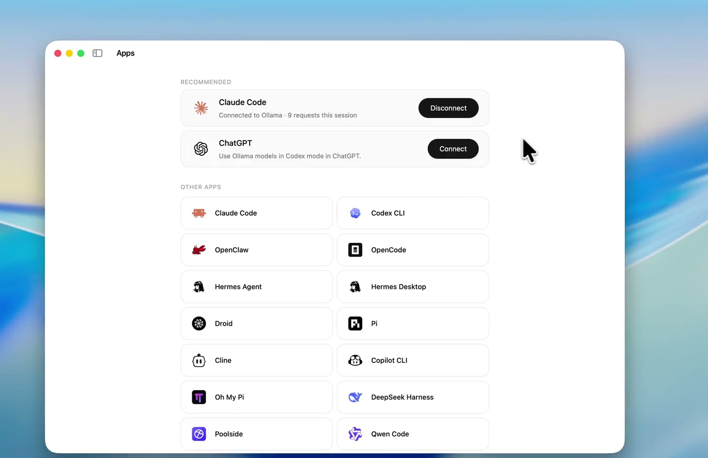 The Ollama desktop app’s Apps screen on a Mac, listing integrations such as Claude Code, ChatGPT, Codex CLI, OpenCode and Qwen Code with connect buttons.